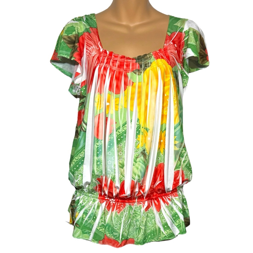 Tropical Floral Blouse Green Red Yellow M Hawaiian Resort Summer Top Cruise
